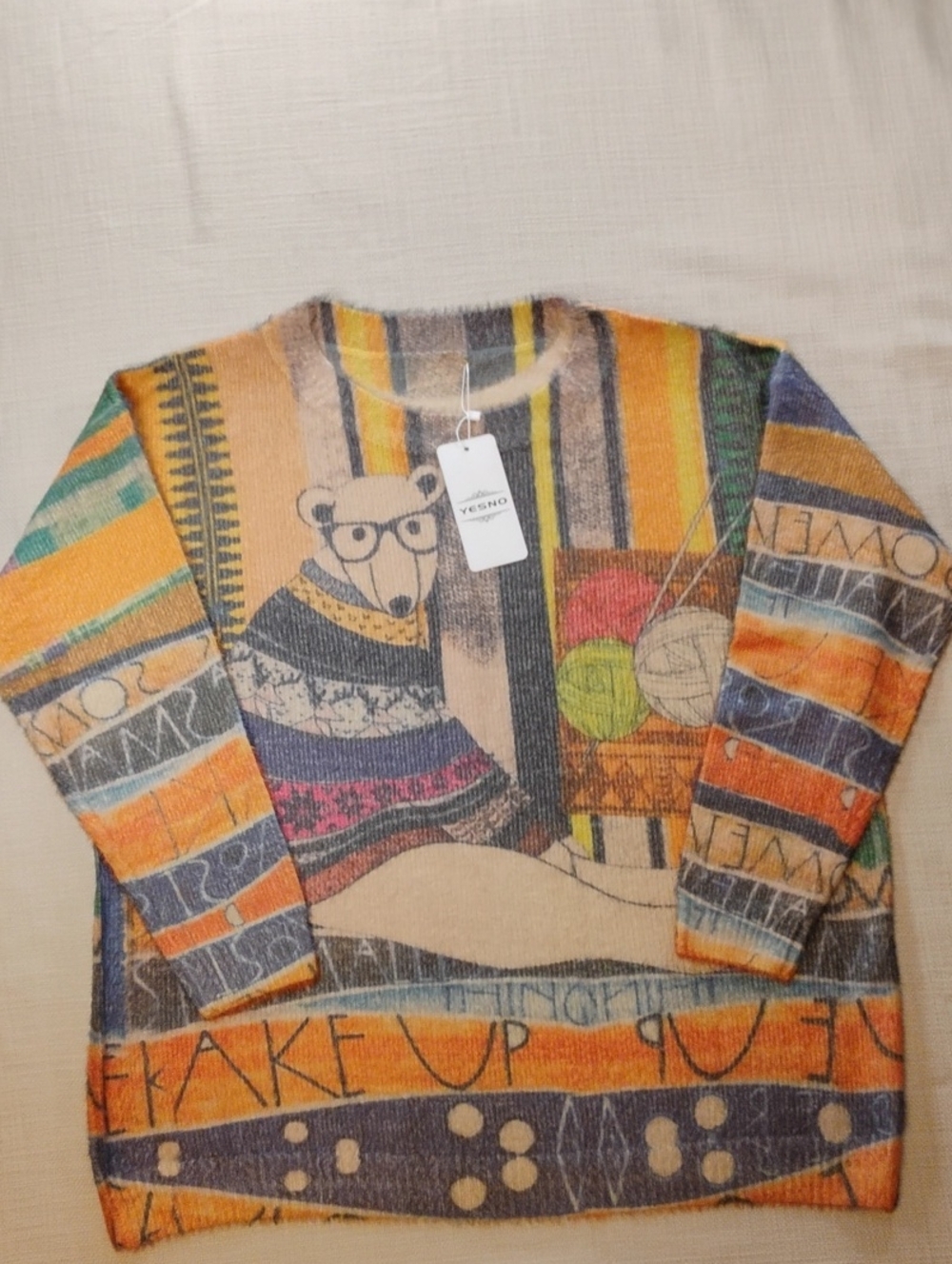 Women's Size Large YESNO Multicolor Crewneck Graphic Knit Sweater